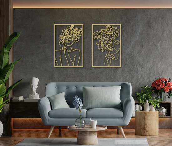 Unieke Handgemaakte Vrouwelijk Lichaam, Wanddecoratie, Kunst met 3D effect 45 x 68 cm Set van 2 Goud