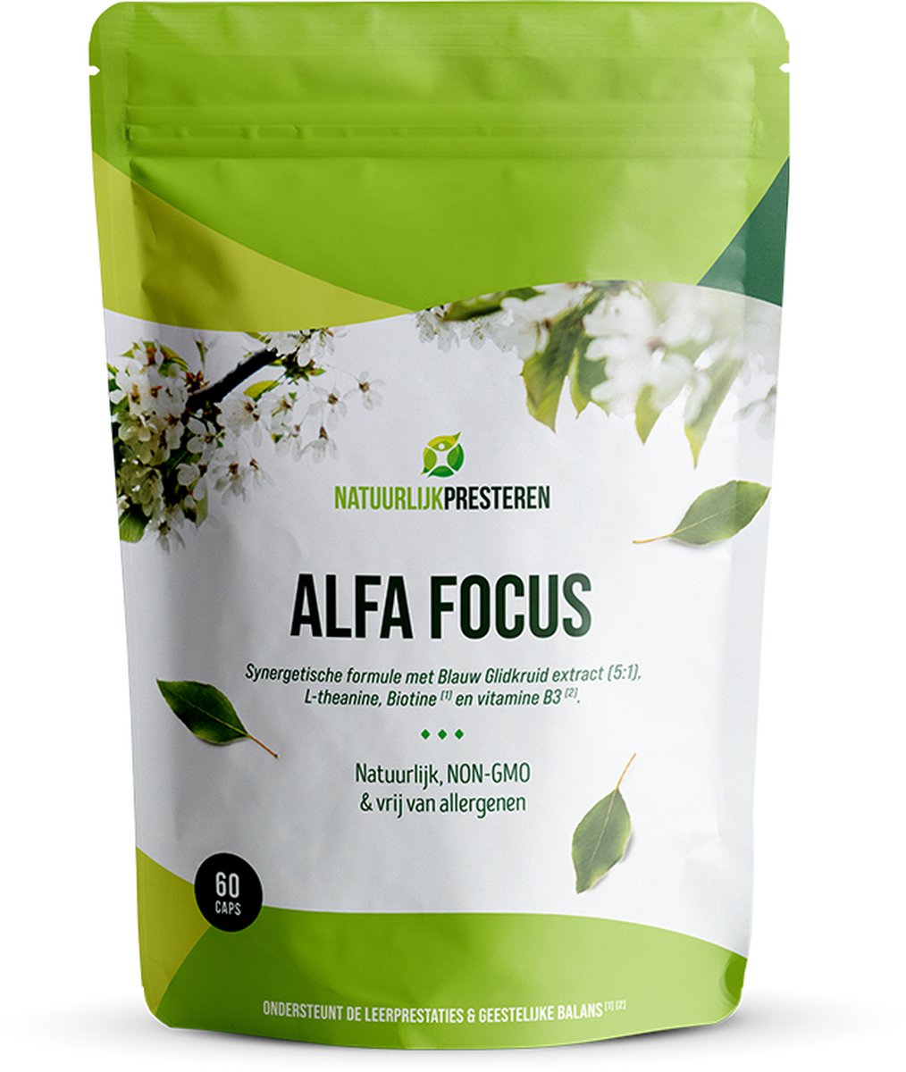 Goedkoopste Alfa Focus - Blauw Glidkruid - L-theanine - Quatrefolic® Folaat - Actief B-complex - 60 caps