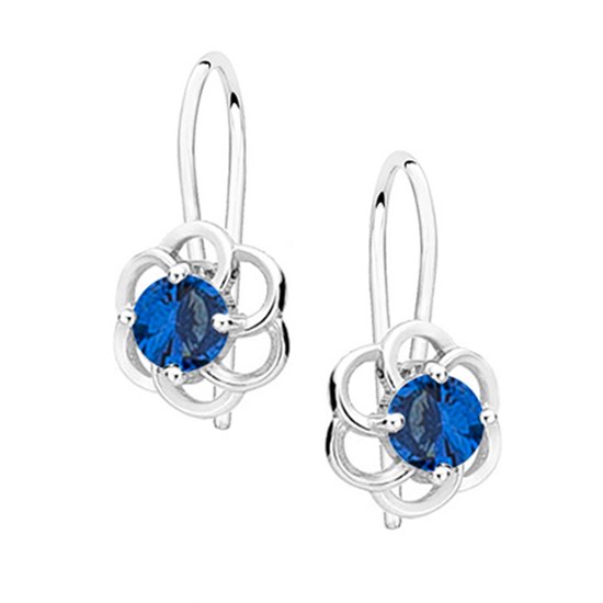 Joy|S - Zilveren bloem oorbellen - saffier blauwe zirkonia - kidney oorhangers - gehodineerd