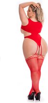 Bodystocking met superdiep décolleté Pink Lipstick - Plussize rood - Rood