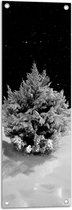 WallClassics - Tuinposter – Wit Besneeuwde Kerstboom in het Donker - 30x90 cm Foto op Tuinposter  (wanddecoratie voor buiten en binnen)