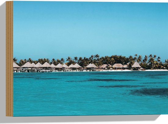 WallClassics - Hout - Huisjes op een Tropisch Strand - 40x30 cm - 12 mm dik - Foto op Hout (Met Ophangsysteem)