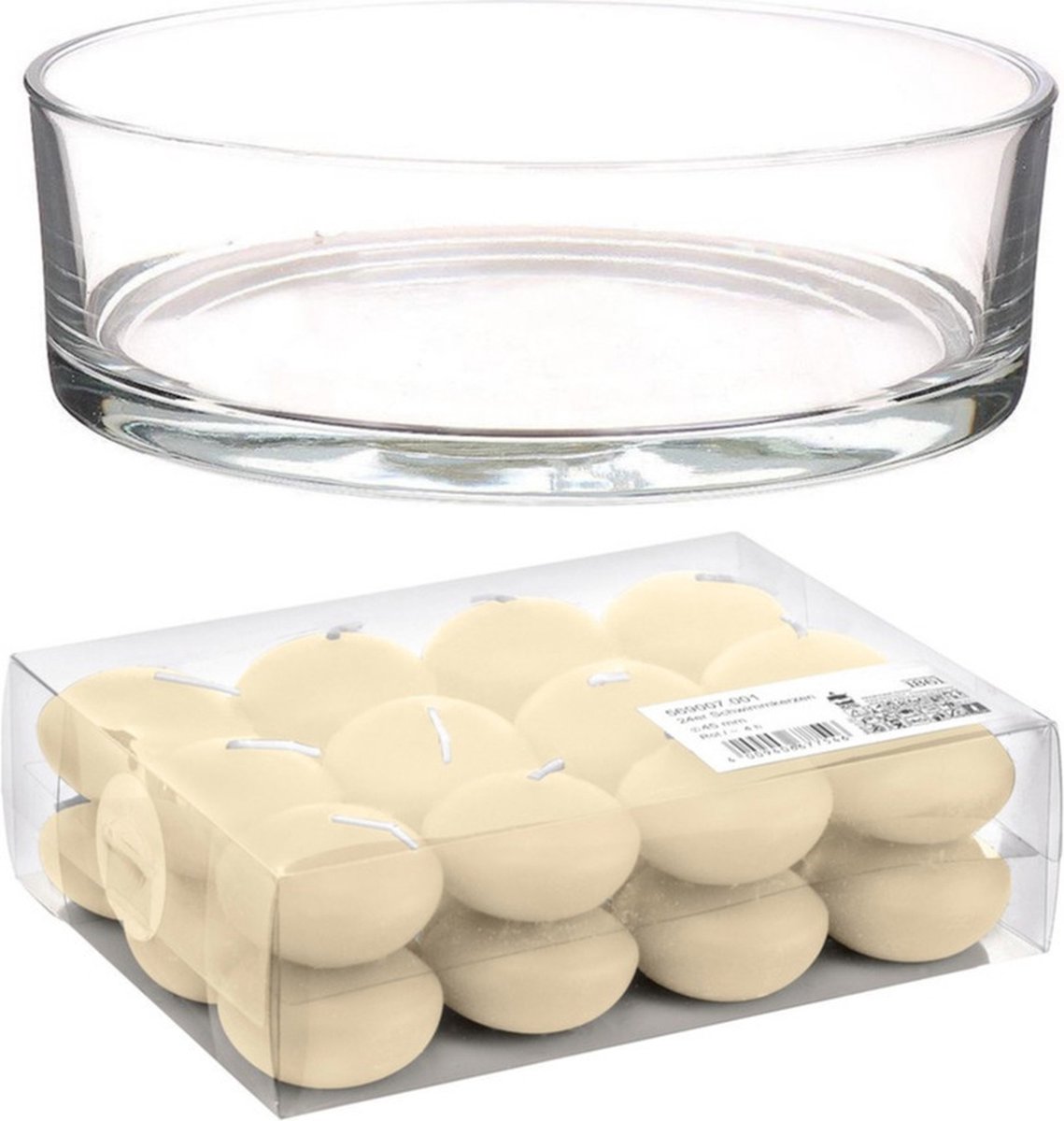 Trend Candles Cadeau set/Sfeer set van een lage luxe transparante vaas 8 x 25 cm met 24x creme witte drijfkaarsen 4.5 cm