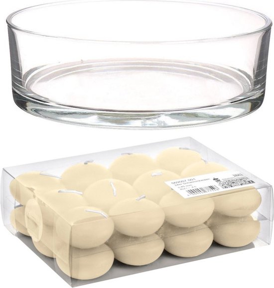 Coffret cadeau / Coffret d'ambiance d'un vase transparent de luxe bas 8 x 25 cm avec 24 bougies flottantes blanc crème 4,5 cm