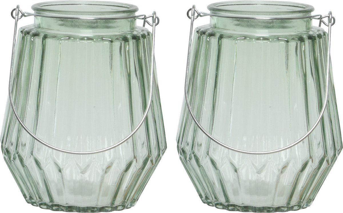 Decoris 2x stuks theelichthouders/waxinelichthouders streepjes glas mistgroen met metalen handvat 11 x 13 cm - Windlichtjes/kaarsenhouders