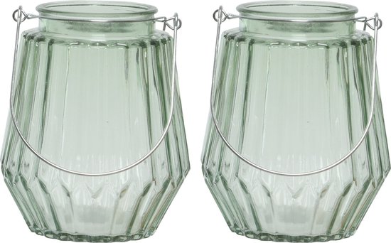 2x stuks theelichthouders/waxinelichthouders streepjes glas mistgroen met metalen handvat 11 x 13 cm - Windlichtjes/kaarsenhouders