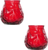 2x Rode mini lowboy tafelkaarsen 7 cm 17 branduren - Kaars in glazen houder - Horeca/tafel/bistro kaarsen - Tafeldecoratie - Tuinkaarsen