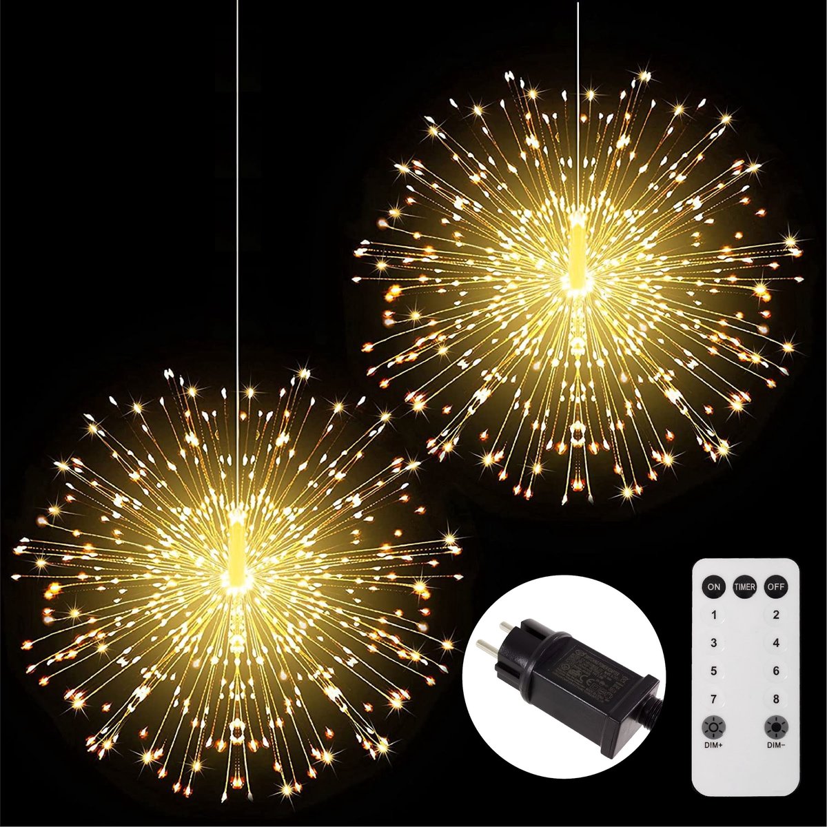 Kerstverlichting vuurwerk - Firework LED lights - Sfeerverlichting - Ophangbaar - Snoer met 2 stuks - Inclusief afstandsbediening - Warm wit