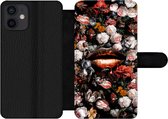 Bookcase Geschikt voor iPhone 12 telefoonhoesje - Lippen - Bloemen - Verf - Oranje - Kunst - Abstract - Oude meesters - Met vakjes - Wallet case met magneetsluiting