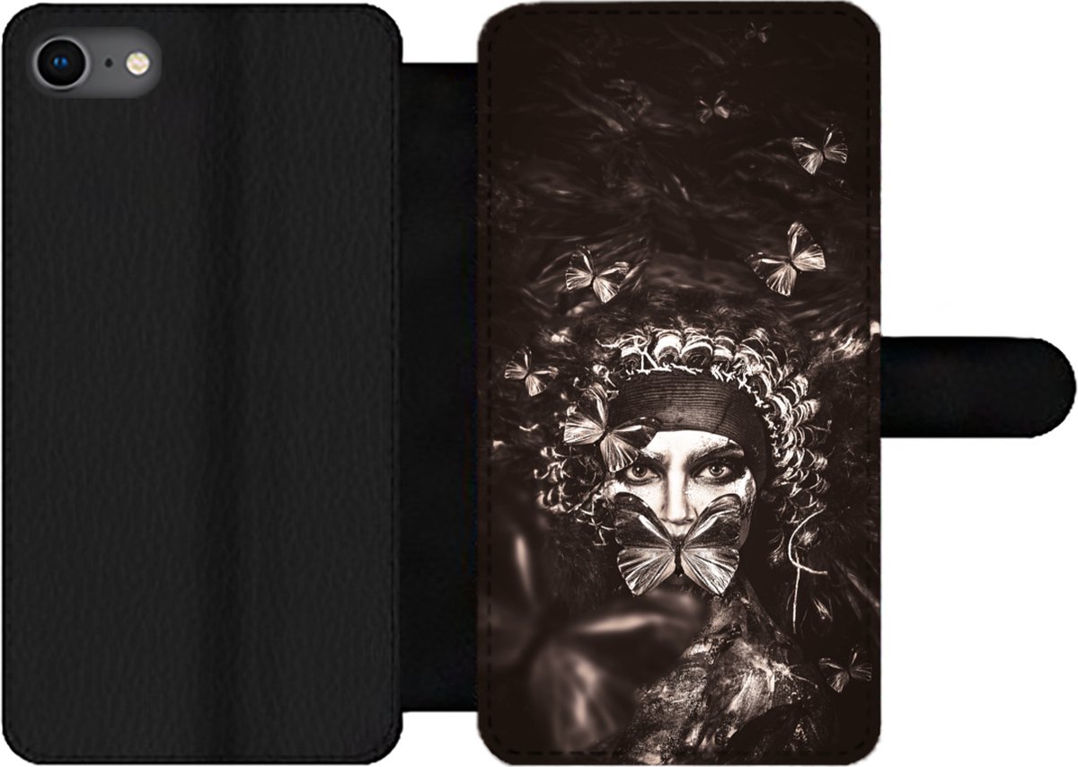 Telefoonhoesje Geschikt voor iPhone SE 2020 telefoonhoesje - Vrouw - Vlinder - Zwart - Wit - Met vakjes - Wallet case met magneetsluiting