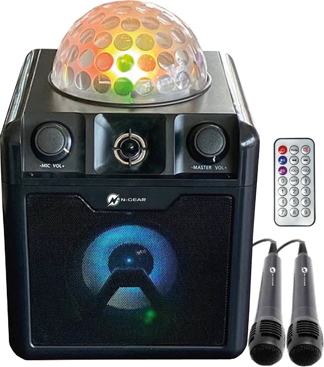 N-GEAR Disco Block 410 - Karaoke Set - Draadloze Bluetooth Party Speaker - 2 Microfoons - Verlichting - Zwart - N-GEAR