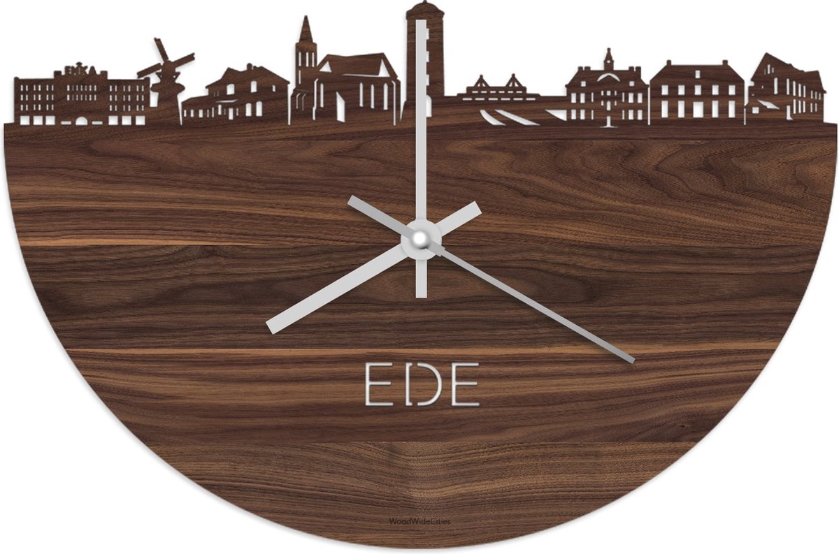 Skyline Klok Ede Notenhout - Ø 40 cm - Stil uurwerk - Wanddecoratie - Meer steden beschikbaar - Woonkamer idee - Woondecoratie - City Art - Steden kunst - Cadeau voor hem - Cadeau voor haar - Jubileum - Trouwerij - Housewarming - WoodWideCities
