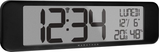 Marathon- Vancouver- Radiogestuurde klok- Ultrawide scherm met grote cijfers duidelijk leesbaar- Radiogestuurde klok en kalender- Binnentemperatuur-en vochtigheidsgraadweergave- Zwart- Proudly Canadian