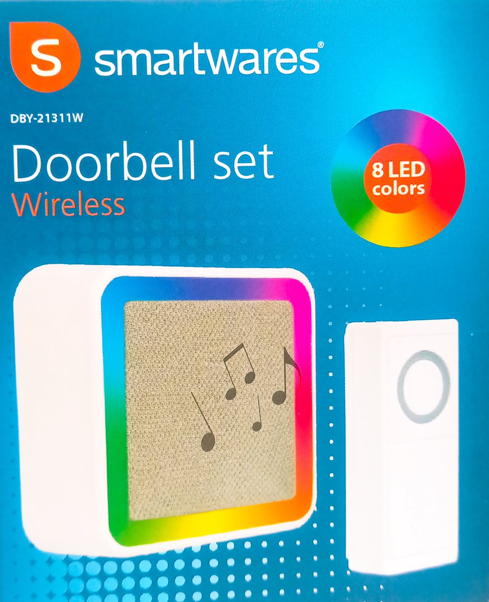 Smartwares draadloze deurbel set WIT DBY-21311W met gekleurde led verlichting voor tijdens de avonduren of als de baby slaapt.