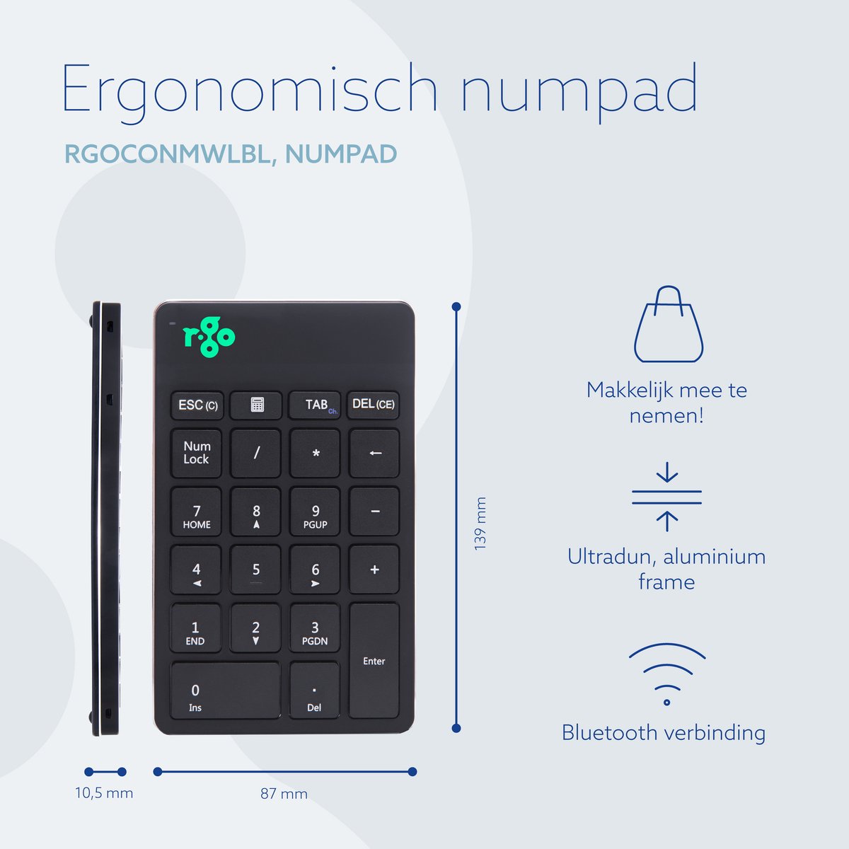R-Go Numpad - Ergonomisch numeriek toetsenbord - Break software - Bluetooth - Zwart thumbnail 2