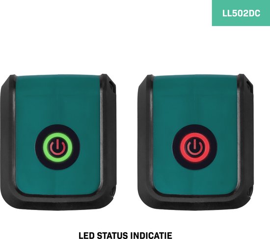 Twee LED-indicatoren voor status: één groen (aan) en één rood (uit).