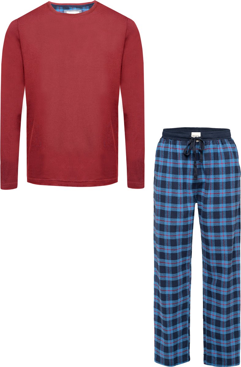 Phil & Co Lange Heren Winter Pyjama Set Met Flanellen Pyjamabroek Geruit Rood - Maat M