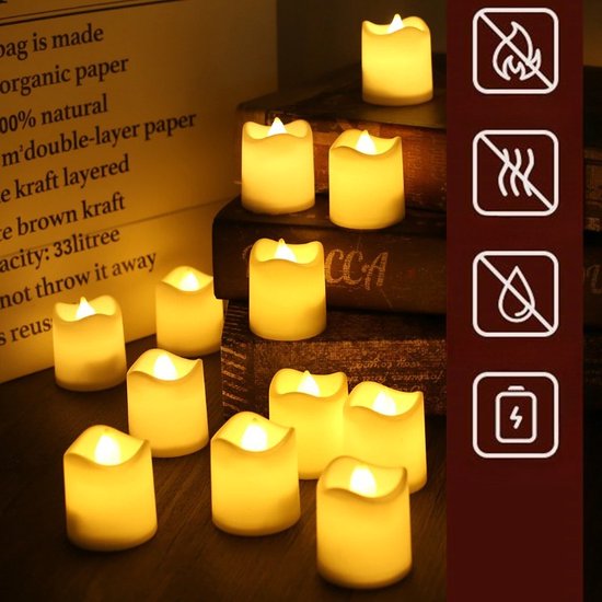 12 lumières led sans flamme à piles bougies chauffe-plat jaune