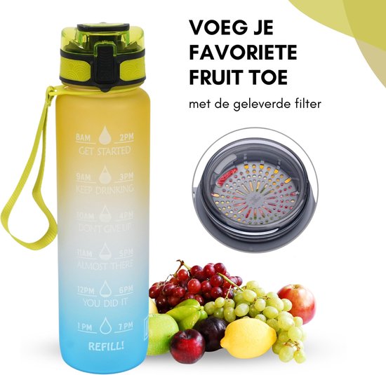 LaCardia Motivatie Waterfles Geel Blauw - 1 liter drinkfles - Waterfles met tijdmarkering - Geel + Blauw