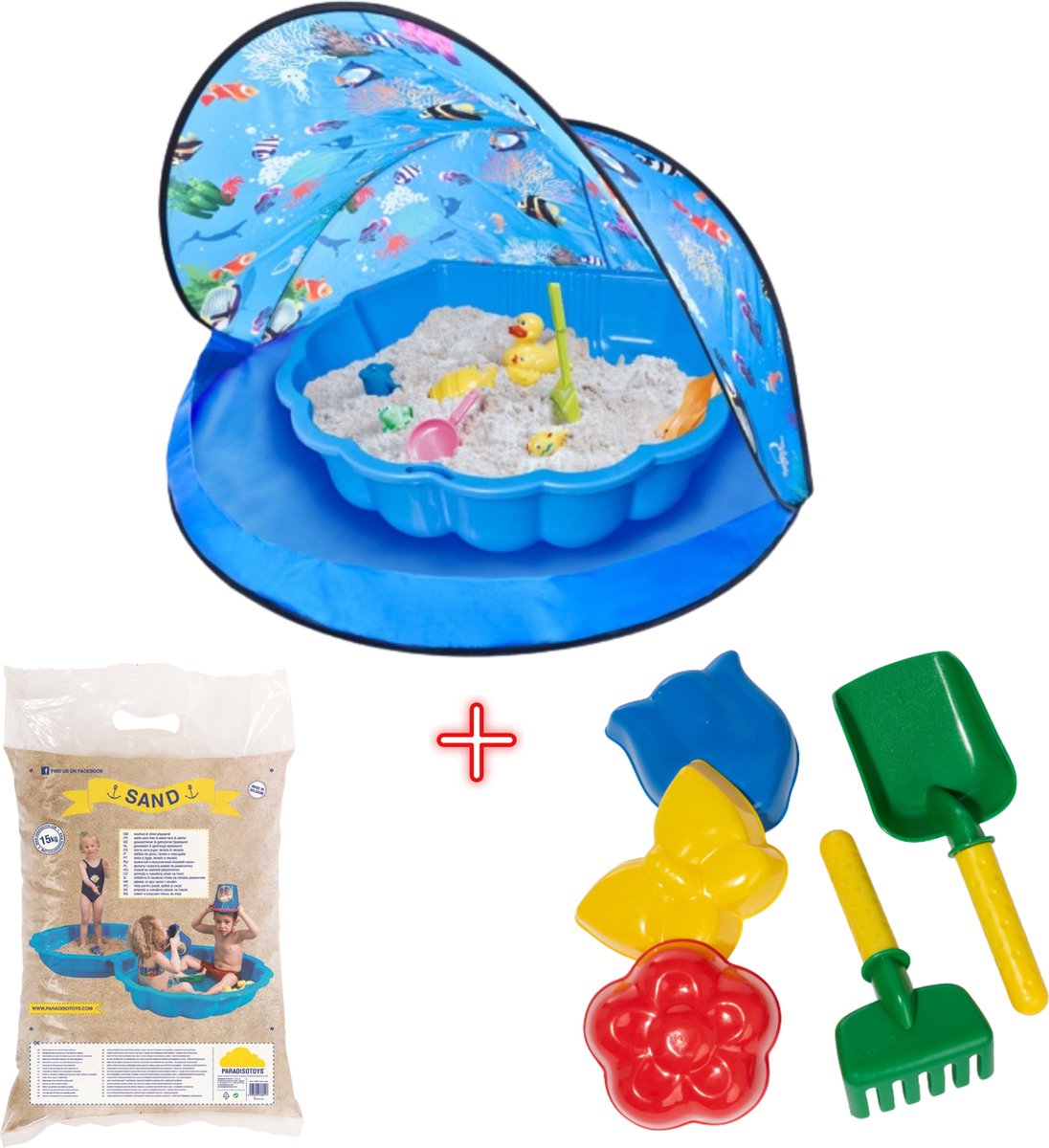 Paradiso Toys sandpit with play tent + speelzand 15 kg naturel + strandspeelset schep