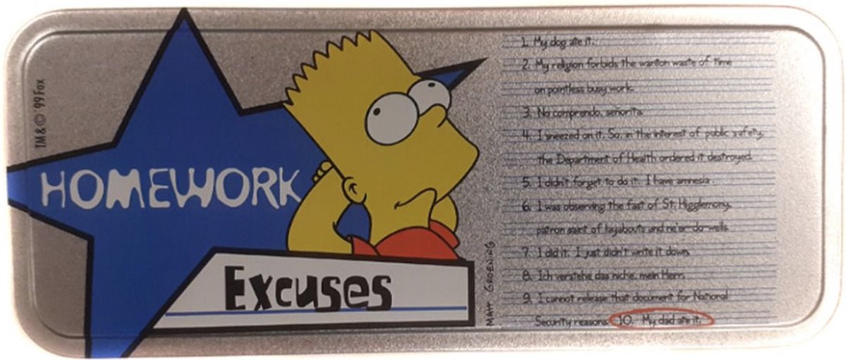 Bart Simpson Homework Excuses Pennenbakje