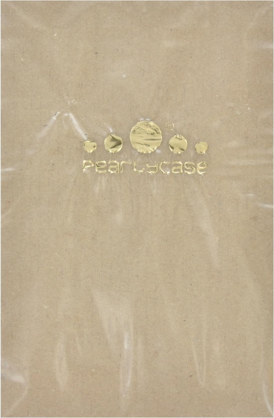 Bruine verpakking met gouden logo van 'Pearlycase' erop.