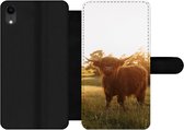 Bookcase Geschikt voor iPhone XR telefoonhoesje - Schotse hooglander - Gras - Zon - Met vakjes - Wallet case met magneetsluiting