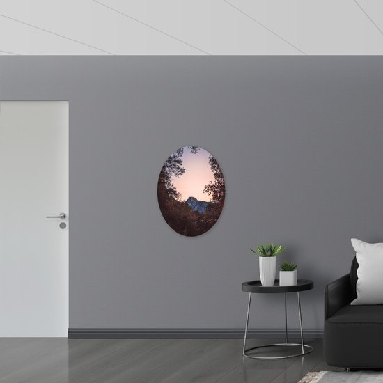 WallClassics - Panneau de mousse PVC ovale - Berg entre la cime des arbres - 60x80 cm Photo sur ovale (avec système de suspension)