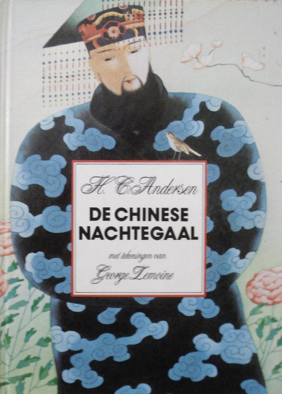 Boek 'De Chinese Nachtegaal' met illustratie van een Chinese man in een blauw met wolkjes patroon jas.