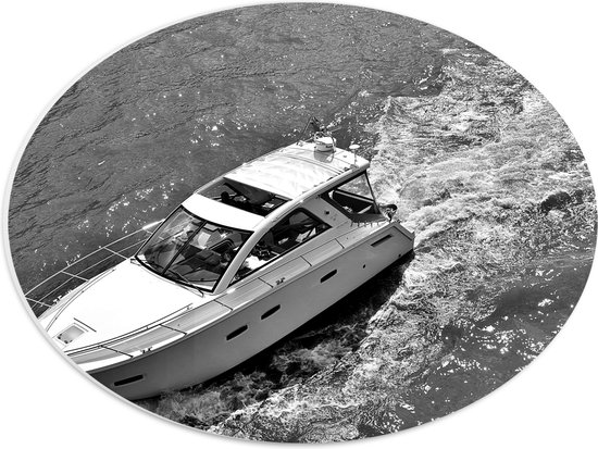 WallClassics - PVC Schuimplaat Ovaal - Speedboot in Zwart Wit - 40x30 cm Foto op Ovaal  (Met Ophangsysteem)