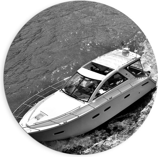 WallClassics - Dibond Muurcirkel - Speedboot in Zwart Wit - 90x90 cm Foto op Aluminium Muurcirkel (met ophangsysteem)