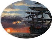 WallClassics - PVC Schuimplaat Ovaal - Groot Piratenschip op Zee met Zon - 80x60 cm Foto op Ovaal  (Met Ophangsysteem)