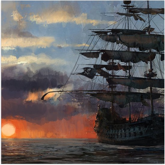 WallClassics - Poster Glanzend – Groot Piratenschip op Zee met Zon - 50x50 cm Foto op Posterpapier met Glanzende Afwerking