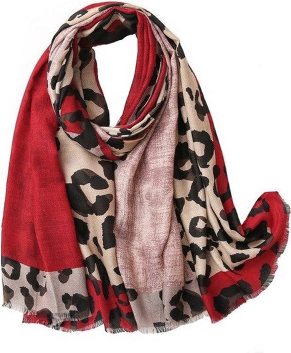 Leopard Sjaal | Oudroze/Rood Luipaard | Katoen / Polyester | 180 x 90 cm