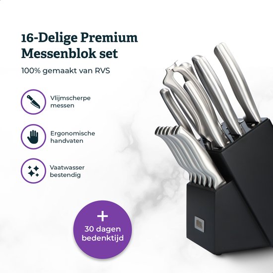 Zwarte messenblok met 16-delige RVS messenset. Met iconen voor scherpe messen en ergonomische handgrepen.