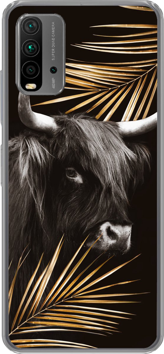 Telefoonhoesje Geschikt voor Xiaomi Geschikt voor Redmi 9T hoesje - Schotse hooglander - Bladeren - Goud - Siliconen Telefoonhoesje Telefoonhoesje