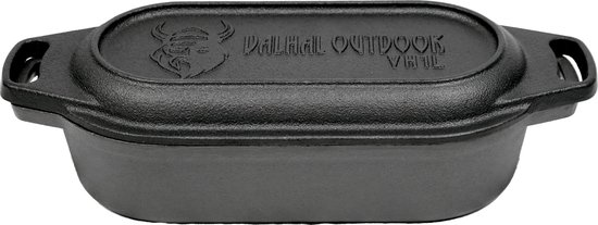 Valhal Outdoor - Braadpan / Dubbele Skillet 1L - Kleine Dutch Oven, gietijzer, ovaal, grillpatroon, VH1L