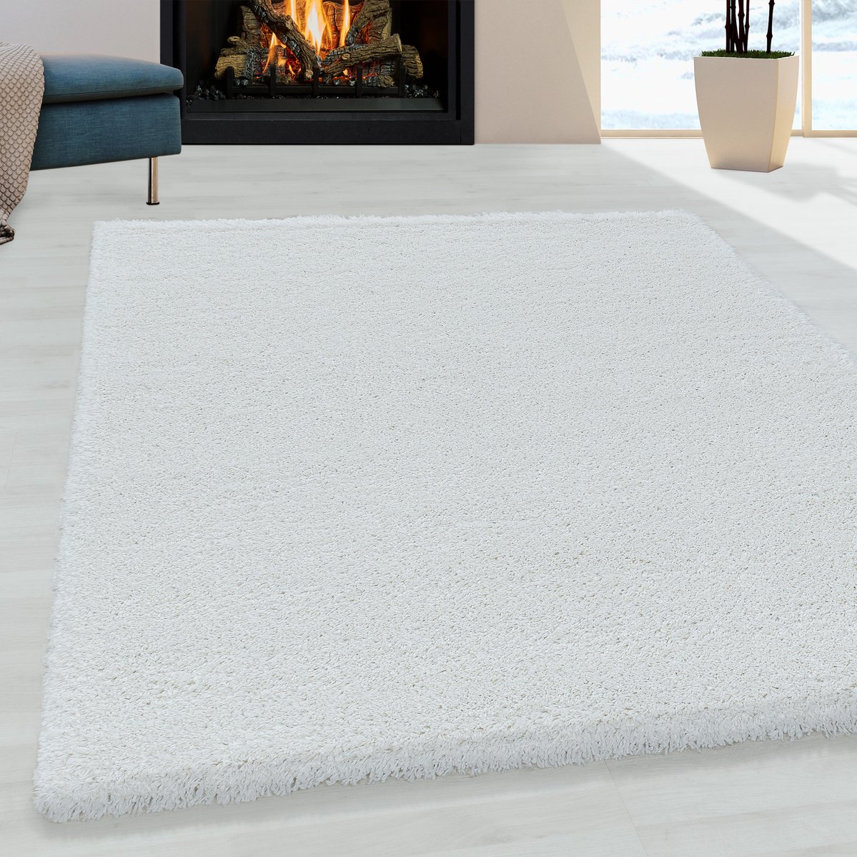 Ayyildiz Hoogpolig vloerkleed, effen kleur - gewoon wit, vloerkleed voor de woonkamer, jute achterkant, afmeting: 80 x 150 cm