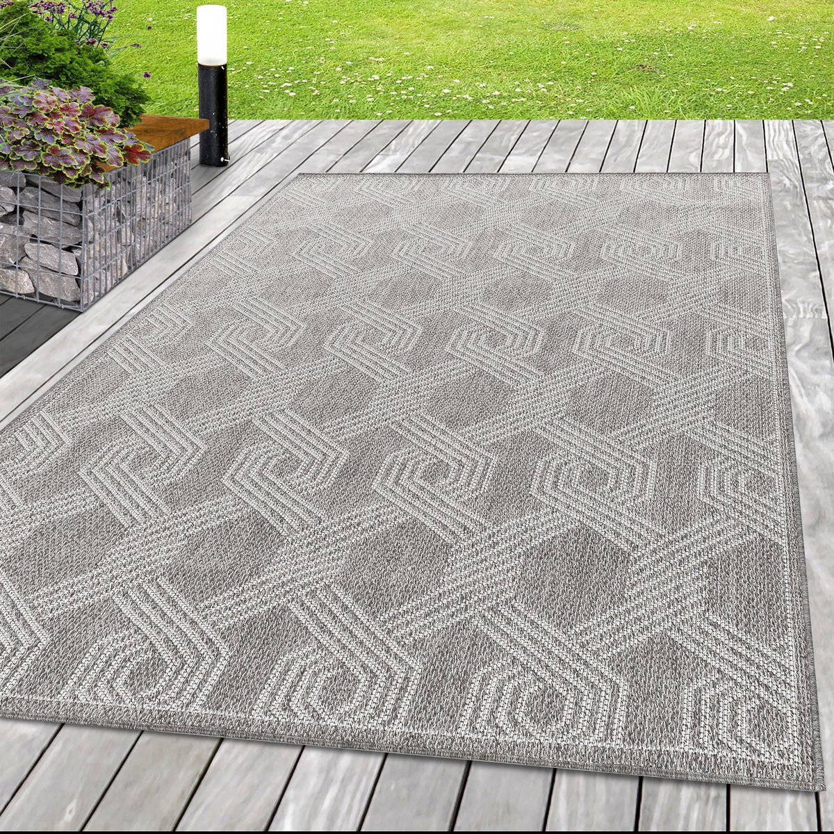 Ayyildiz Buitenkleed met geometrisch patroon, grijs, geschikt voor terras, balkon of keuken, met polypropyleen achterkant, afmeting: 140 x 200 cm