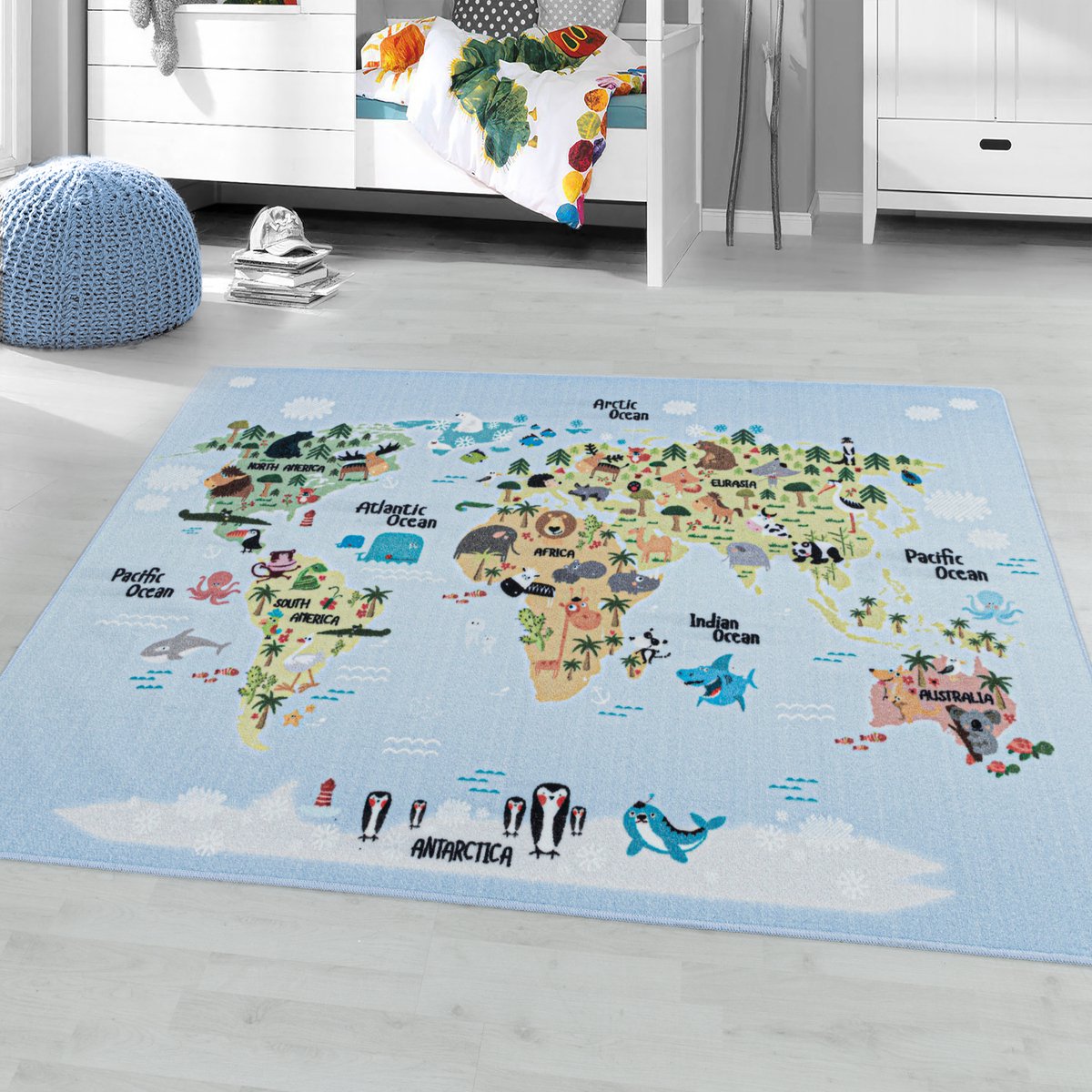 Kinderkleed, wereldkaart met dierenmotief, blauw, kleed voor kinderkamer, latex achterkant, afmeting: 120 cm x 170 cm