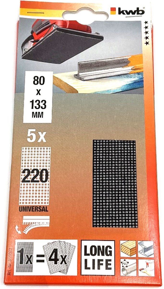 KWB schuurgaas 80 x 133 mm - Korrel 220 - Longlife - 855022 - 5 stuks