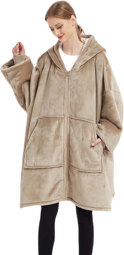 Q-Living Hoodie Deken - Snuggie - Plaid Met Mouwen - Snuggle Hoodie - Fleece Deken Met Mouwen - 1450 Gram - Kaki Met Rits