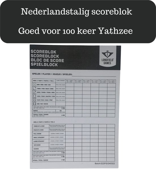 Thumbnail van een extra afbeelding van het spel Yathzee set compleet, spelregelboekje dobbelen, Yathzee scoreblok (100 vellen) in het Nederlands, 6 dobbelstenen en een gooibeker |Perfect verjaardag of Kerstcadeau | Ook wel bekend als dobbelspel