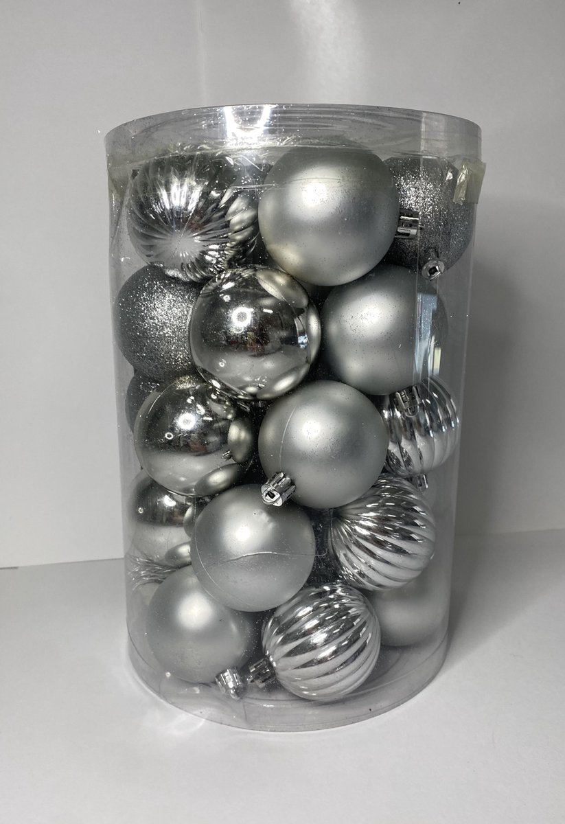 Kerstballen Zilver – Kerstversiering – Kerstballen plastic – Kerst decoratie - Set 32 stuks Zilver -incl lint