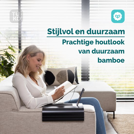 Plateau Accoudoir Tuko - Zwart - Bamboe - Flexible - Antidérapant - Support téléphone - Organiseur - Plateau rectangle - Plateau carré