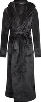Charlie Choe badjas dames - 100 % zacht fleece - lang model - dames badjas met capuchon - trendy ochtendjas - zwart/donkergrijs - XXL