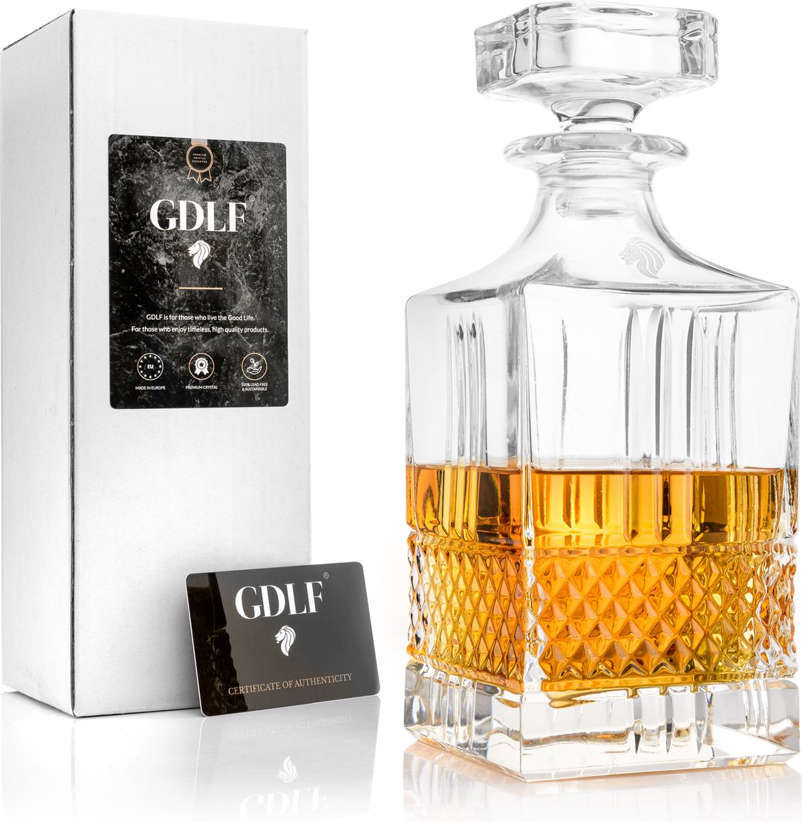 GDLF® Kristal Whiskey Karaf Superior - Whiskey Set - Decanteer Karaf - Made in Italie - Peaky Blinders - Kristallen Karaf voor Whiskey, Gin, Wodka, Likeur, Wijn & Rum - 800 ML - Cadeau voor Man & Vrouw - GDLF®