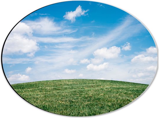 WallClassics - Dibond Ovaal - Heldere Lucht met Wolken boven Gras Heuvel - 40x30 cm Foto op Ovaal (Met Ophangsysteem)