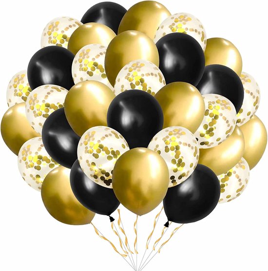 60 stuks Goud met Zwart Helium Ballonnen met Lint – Verjaardag Versiering - Decoratie voor jubileum - Verjaardagversiering - Feestartikelen - Vrijgezellenfeest - Trouwfeest - Geslaagd feest - Geschikt voor Helium en Lucht