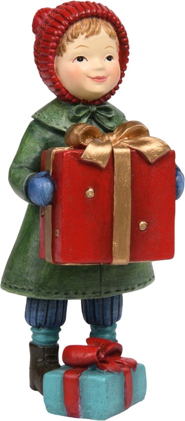 Winterkindje / kind / meisje met cadeau - Wit / groen / rood / blauw - 5 x 6 x 12 cm hoog.